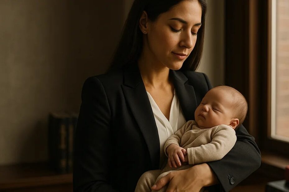 Mulher com roupa social segura um bebê recém-nascido perto de uma janela iluminada.