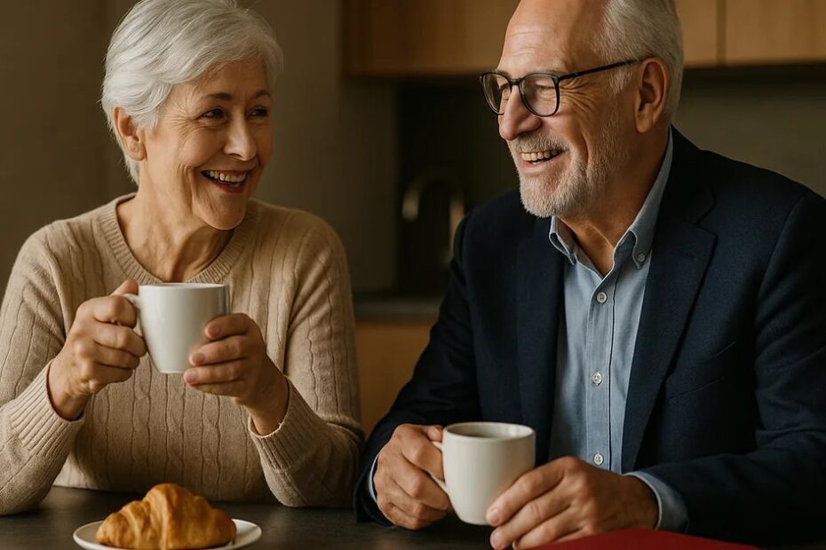 Casal de idosos sorridente toma café à mesa em uma cozinha iluminada pela manhã.