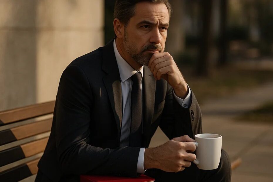 Homem de meia-idade, de terno, sentado em banco e segurando uma caneca, com expressão pensativa.