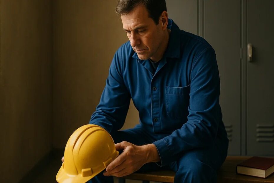 Trabalhador de uniforme azul sentado em vestiário industrial, segurando capacete amarelo diante de armários metálicos.