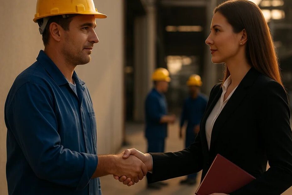 Trabalhador de capacete e uniforme azul aperta a mão de mulher de blazer em ambiente industrial.